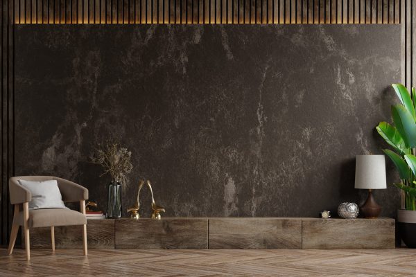 Cabinet TV in modern living room with armchair and plant on dark marble wall background,3d rendering